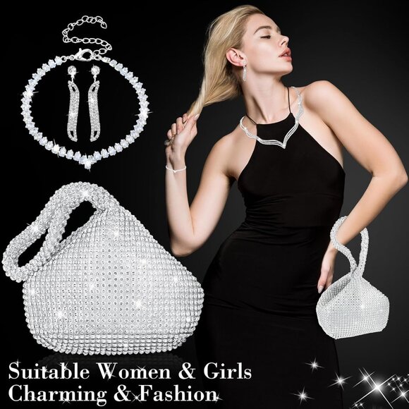 Silver Rhinestone Jewelry Set with Clutch Purse for Women Evening Formal - Picture 3 of 7